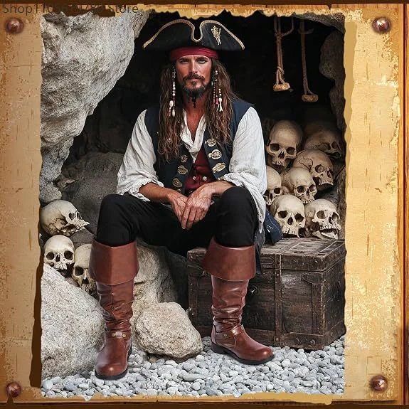 Mens Medieval Pirate Style Cosplay Knee High Boots Faux Leather Shoes Rear Lace Up Buckle Decor Viking Themed Halloween Party