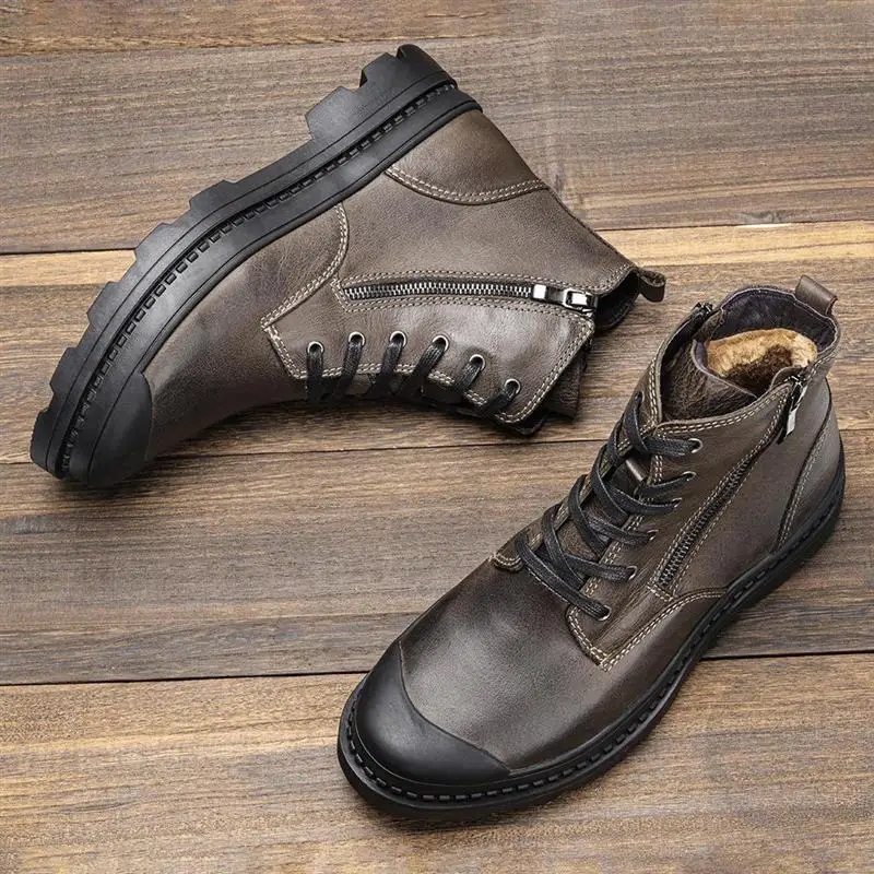 

Leather Boots with Plu Layer Casual Mid-Calf Boots round Toe Low Heel Rubber Outsole for Young Men in Winter