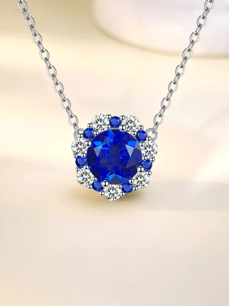 Fashionable luxury versatile pure silver sapphire blue pendant set paired with high carbon diamond wedding jewelry