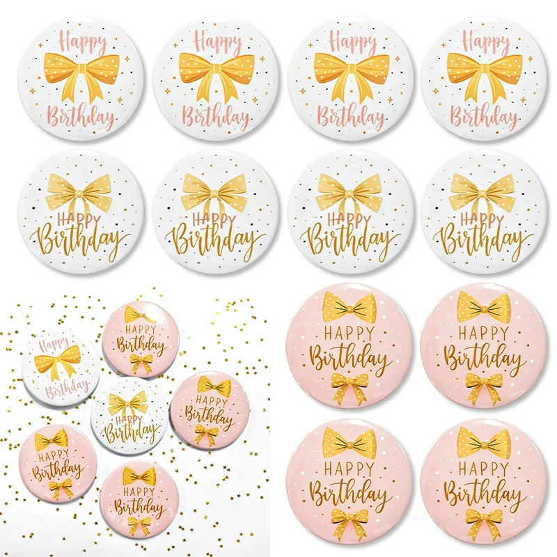 5Pcs Dot Bow Theme Happy Birthday Tinplate Badges Button Pins for Kids Girl Birthday Baby Shower Party Favors Decoration