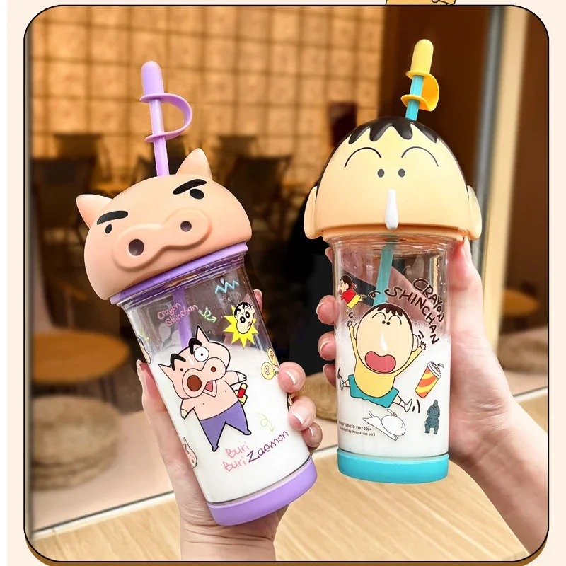 500-600ml Anime Crayon Shin-Chan Cute Big Head Cup Heat-Resistant Plastic Water Cup Student Large Capacity Portable Straw Cup