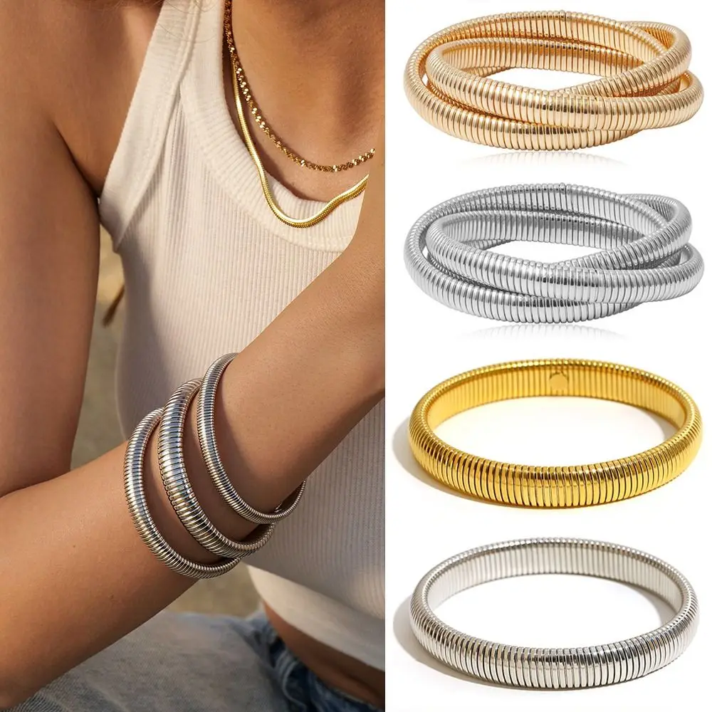 Women Girls Simple Design Elastic Bracelet Fashion Stainless Steel Punk Style Spiral Bracelet Hip Hop Waterproof Vintage Bangle