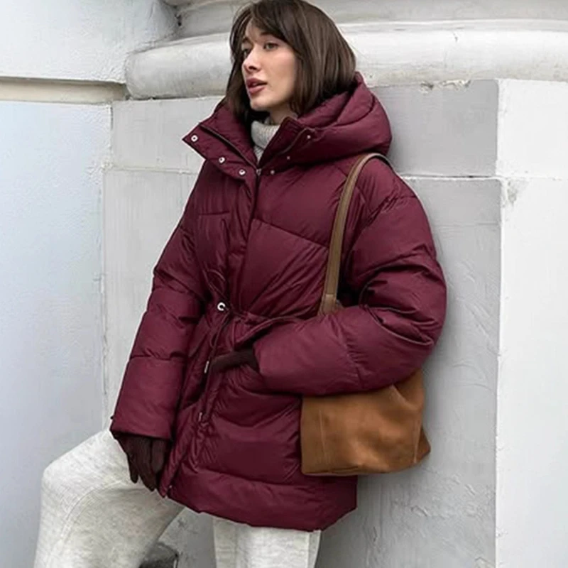 TARUXY Hooded Tie-Waist Padded Jacket Women's Casual Pocket Zipper Puffer Warm Cotton Down Jacket Loose 2025 Winter New Coat