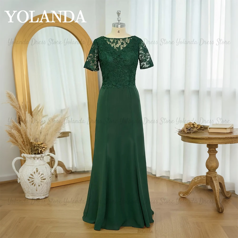 Yolanda Women's Wedding Party Attire Modest A-line Boat Neck Lace Mother of the bride Dress Short sleeves Chiffon Customized New