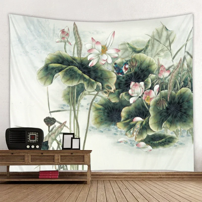 Painting Lotus Theme Landscape Wall Hanging Tapestry Art Curtain Hanging for Home Bedroom Living Room Aestheticism Decorations