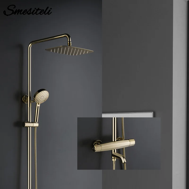 Multifunction Hand Held Shower Head Bathroom Faucet Thermostatic Golden Brass Bathtub Diverter  Mixer Tap