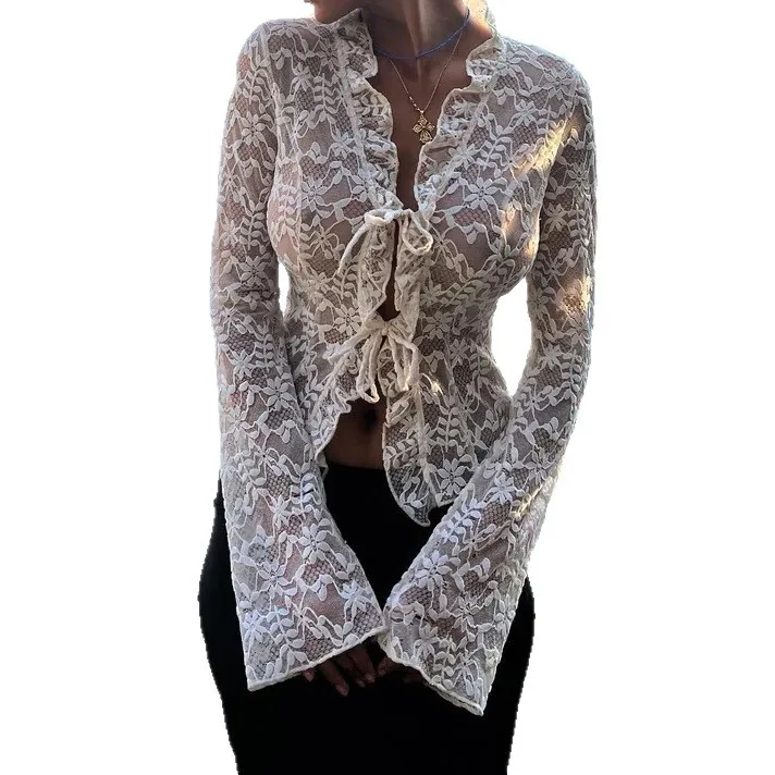 2025 Autumn New V-neck Lace Tie Long Sleeve Sheer Base Shirt Short Cardigan Top