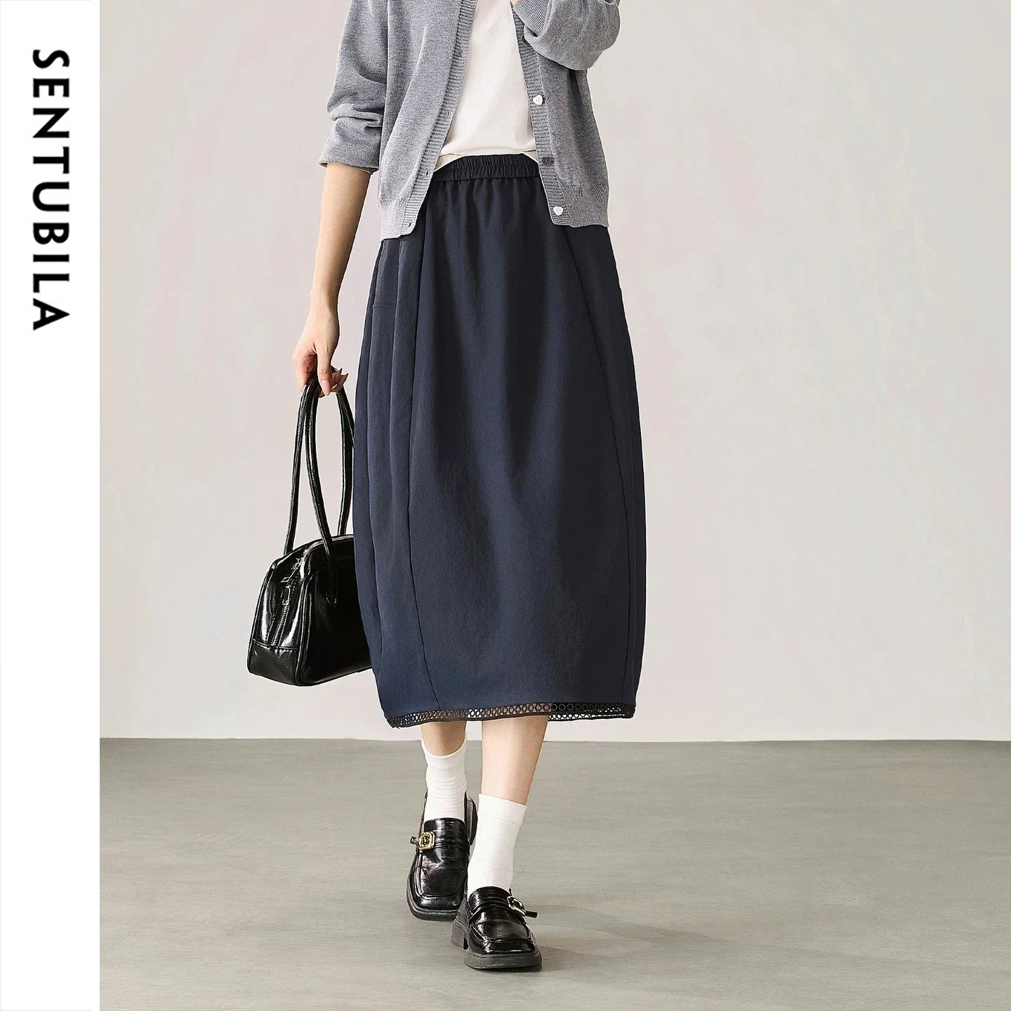 SENTUBILA Women's Autumn A-line Skirt Elastic Waist Hollow Out Loose Midi Skirt Commute Casual 2026 New Clothes Ladies W63QA8306