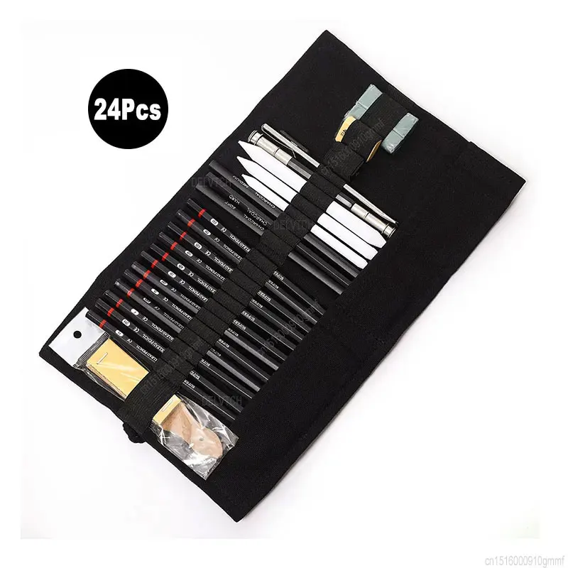 24Pcs Art Set Sketch Kits With Organizer Case 2H-8B Pencil Soft Medium Hard Charcoal Kneaded Eraser Artist Drawing Stationery