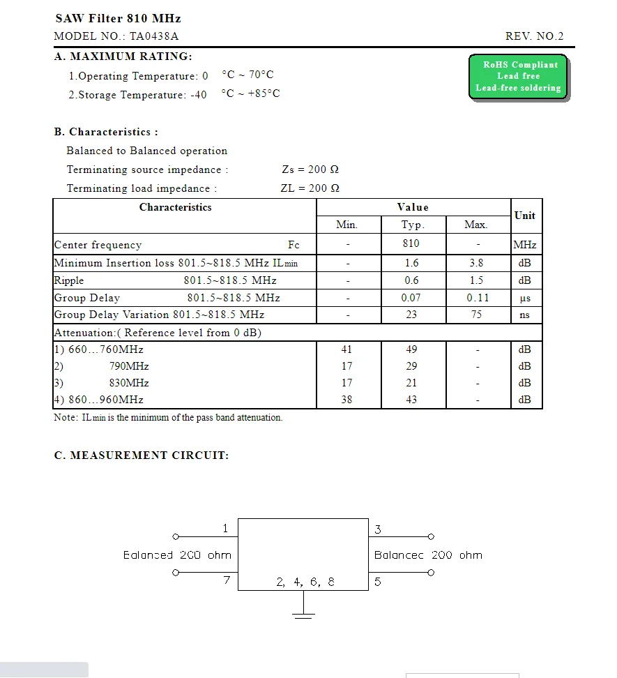 (10PCS) TA0438A 코드 E8 새로운 정품 810MHz 패키지 SMD SAW 필터 재고 있음
