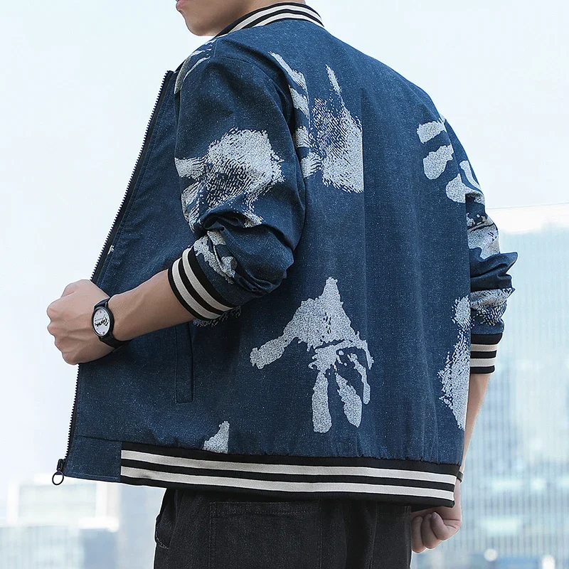 New Arrival Mens Jacket Korean Fashion Print Stand Collar Bomber Jacket Men Casual Regular Fit Daily Outwear Coats Men