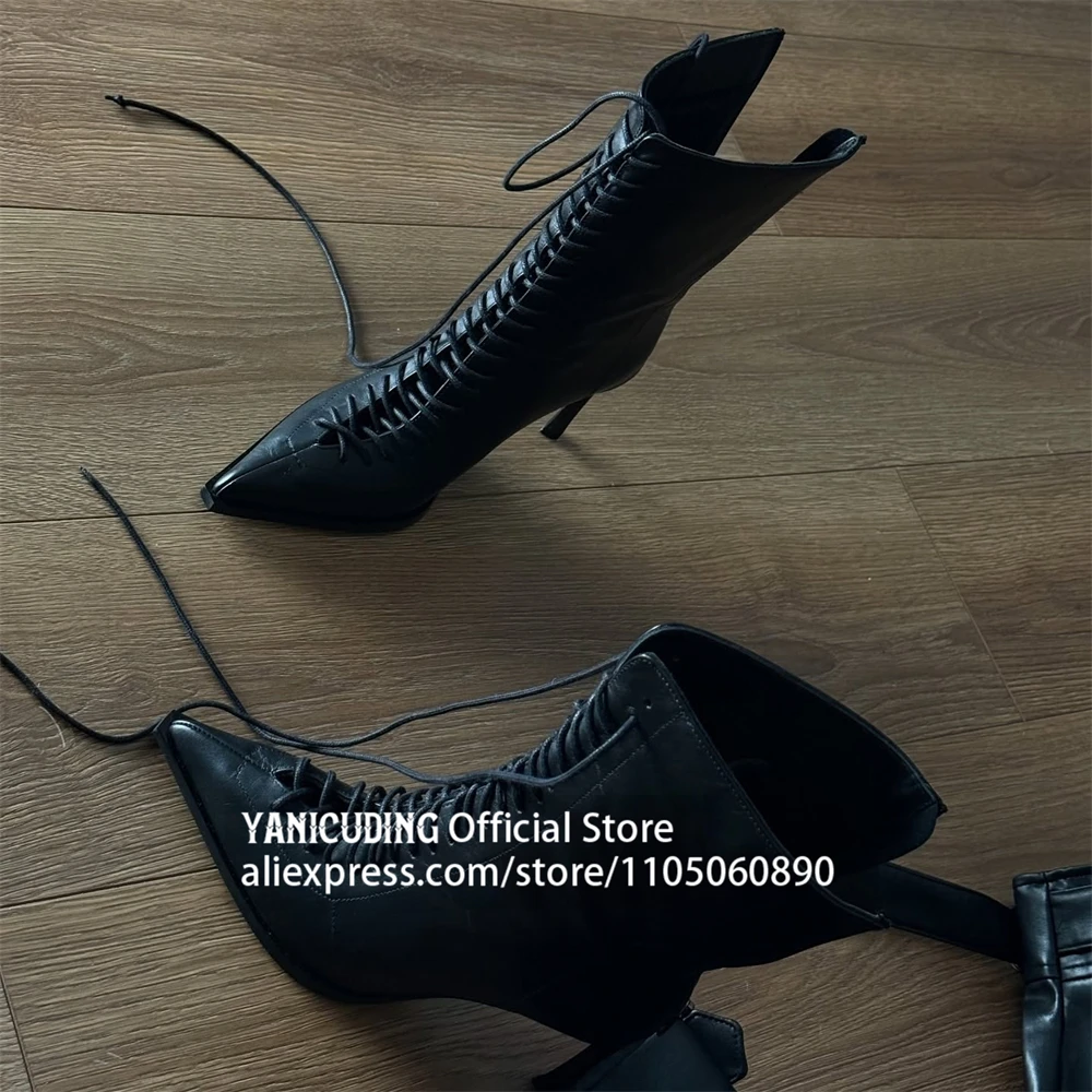 Full Front Woven Lace Up Booties Pointed Toe Stiletto Mid Calf Cutout Boots Customized Multicolor Handmade Women's Winter Boots