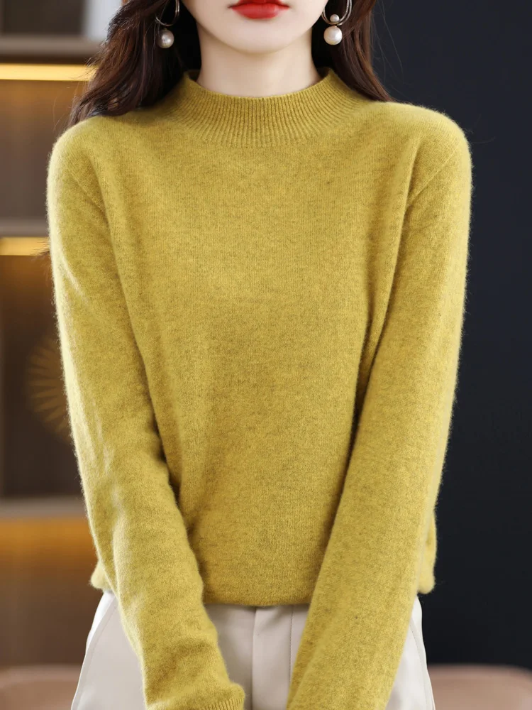 

Women 100% Merino Wool Jumpers Cashmere Sweater Half High Collar Pullover Autumn Winter Soft Casual Knitwear Korean Clothing