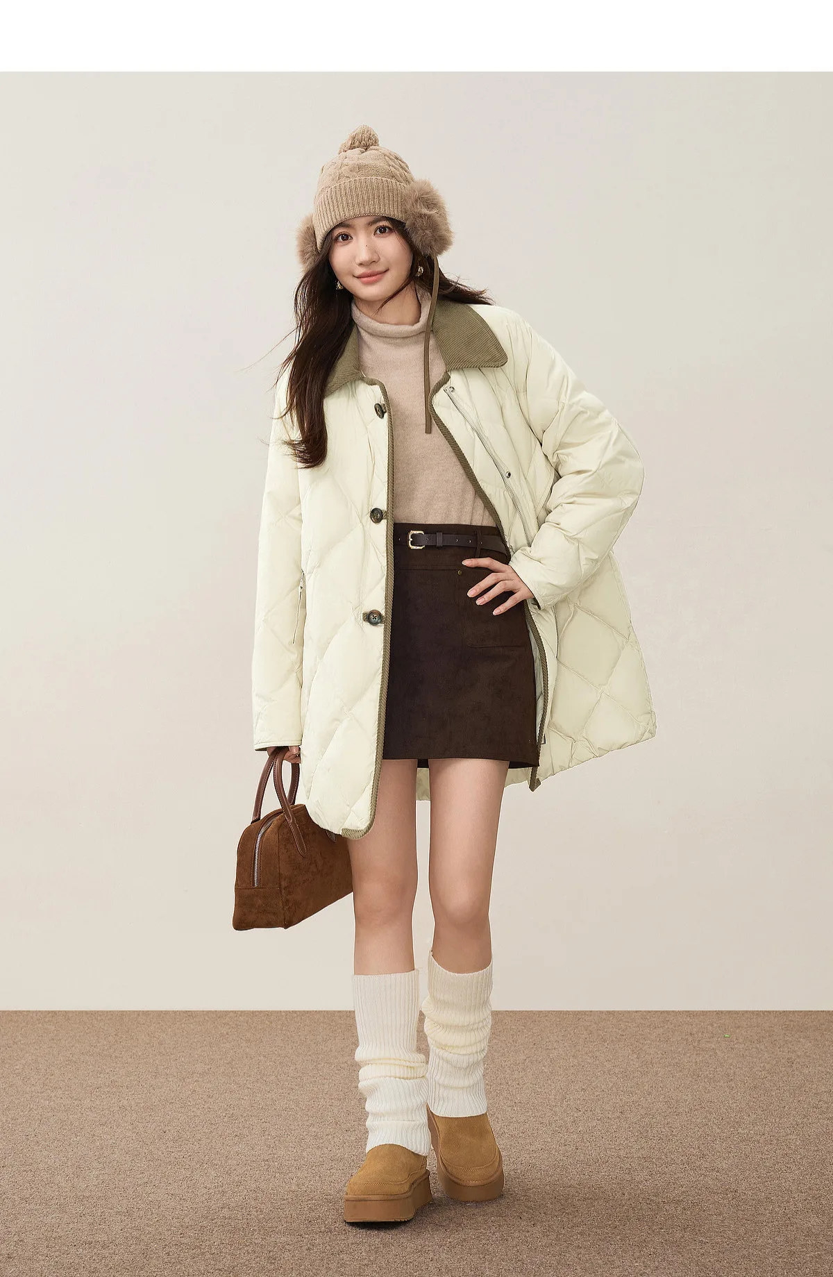 SENTUBILA 90% White Duck Down Jacket Women's 2026 Color Contrast Lapel Zip Pocket Coat Winter Loose Warm Outerwear W64YC7611