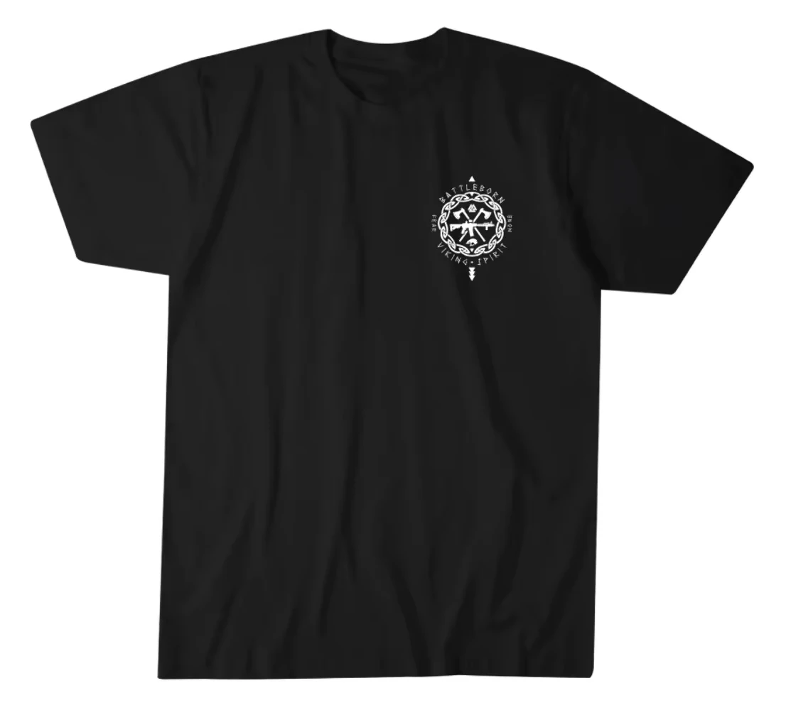 Vintage Black White Engraving Norse Viking Warrior Skull Graphic T Shirt Double Chest Back Mini Circle Badge Cross Axe