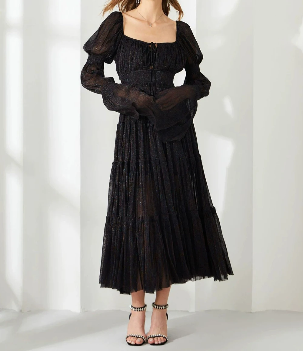 

French style dress, elegant fairy dress, solid color sequined one-shoulder dress, A-line skirt-GZXX446