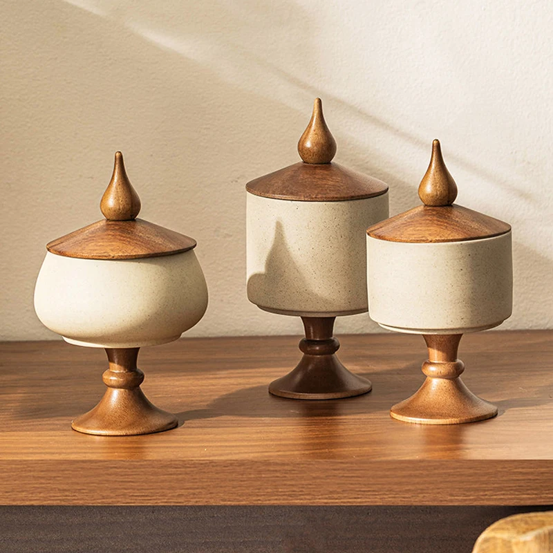 Retro Rough Pottery Storage Tank Creative Tall Decorative Tank with Wooden Lid Living Room Storage Tank Home Accessories
