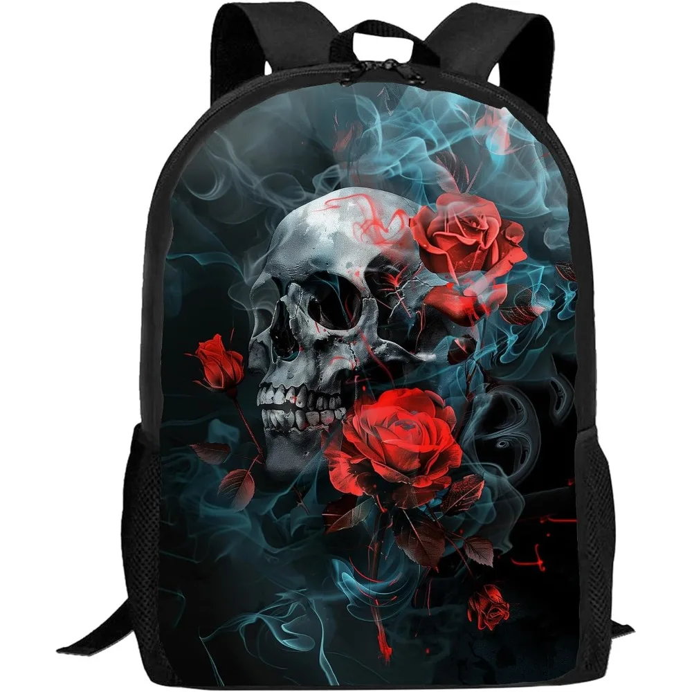 ゴススカルバックパック男の子女の子ゴシックスカル赤いバラブックバッグ小学校中学校バッグ大