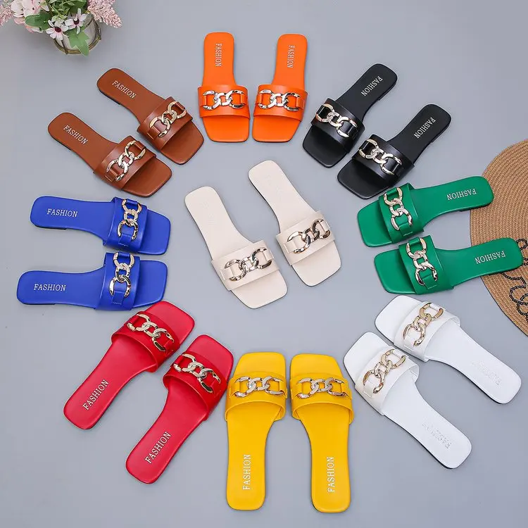 Damen-Sandalen mit eckiger Zehenpartie, einem breiten Riemen und Metallketten-Dekor, rutschfest, für Sommer, Shopping, Urlaub, Alltag und Pendeln – Detail 2