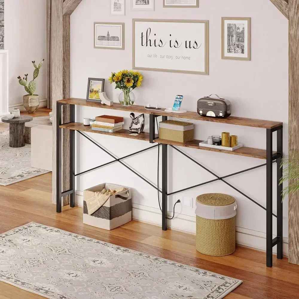 Power Outlet Dining Table, Long Sofa Table with Shelves, X-Design Sofa Table, Slim Entryway Sofa Table, Vintage Brown view 2