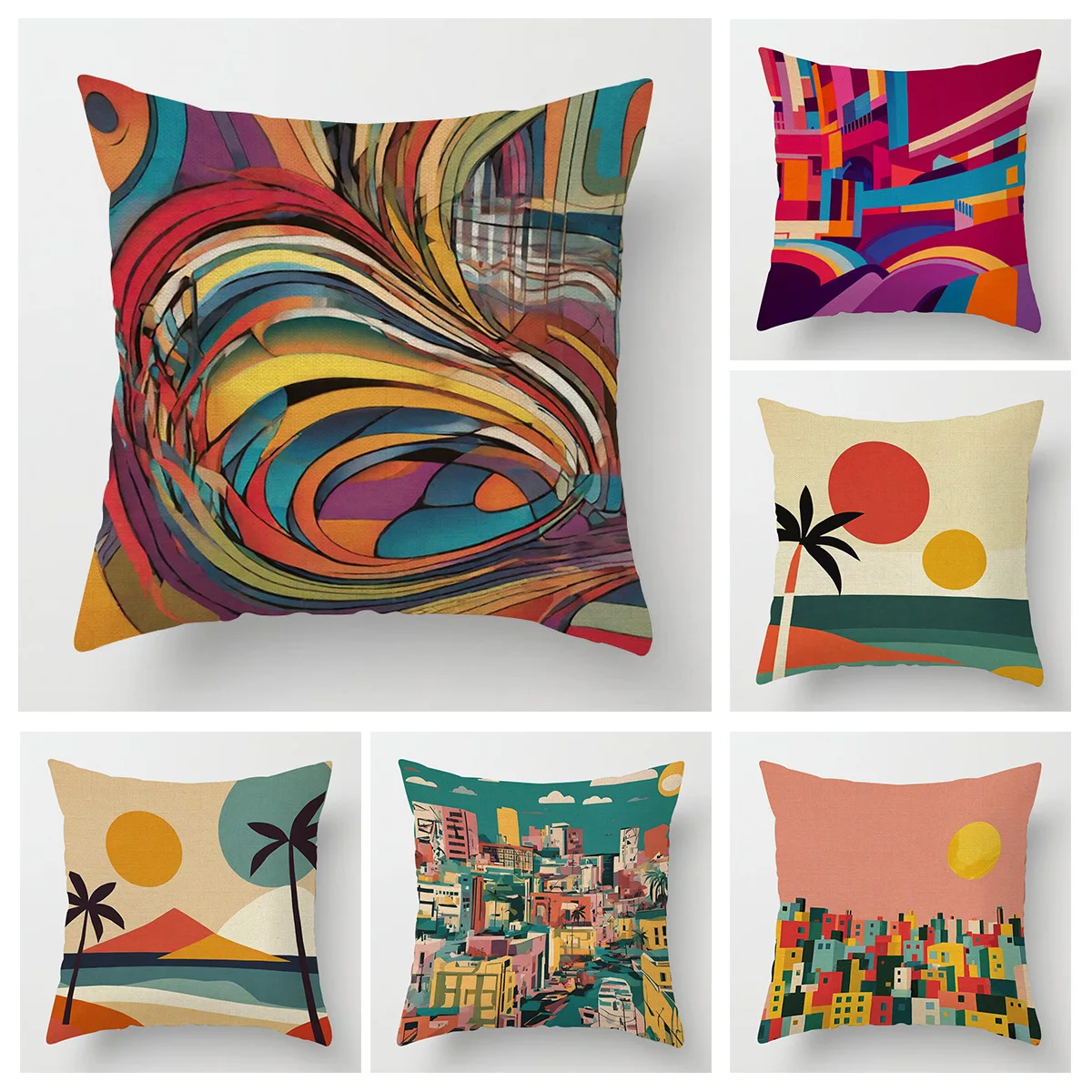 Home Decor Colorful Abstract & Cityscape Printed Pillowcases Pattern Cushion Cover Suitable for Sofa Bedroom Car Pillow Cover