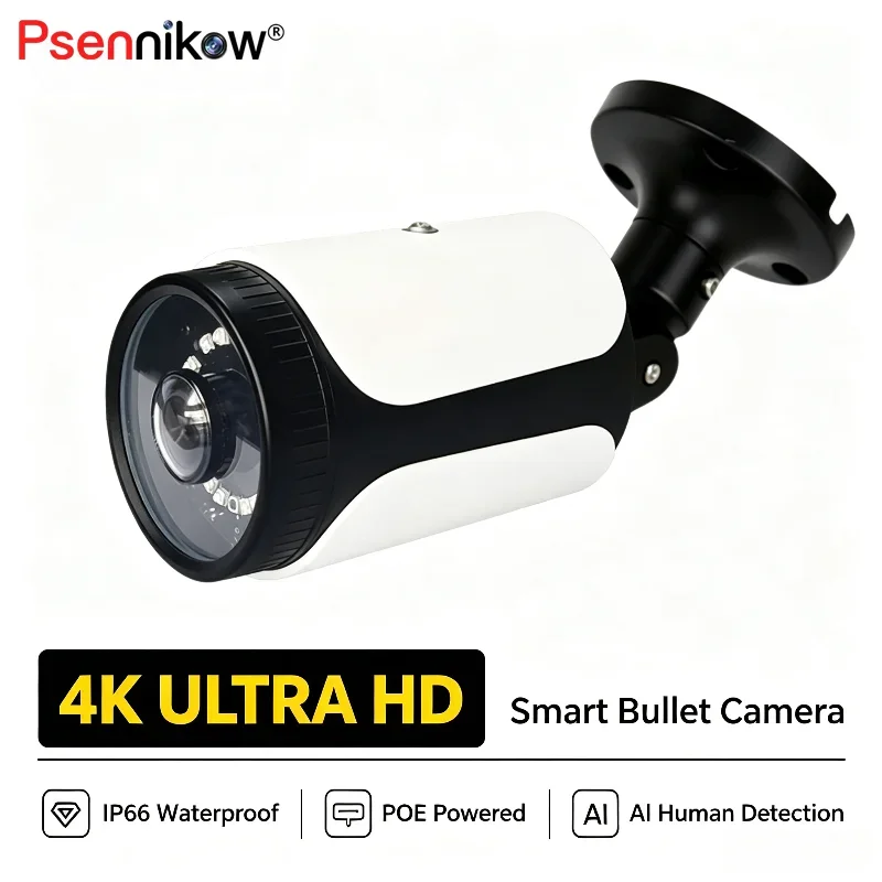 Psennikow IPC Bullet Security Camera 4K 8MP 180° Wide Angle PoE IPC Camera Outdoor HD 1.8mm Wide Angle Fisheye Lens Night Vision