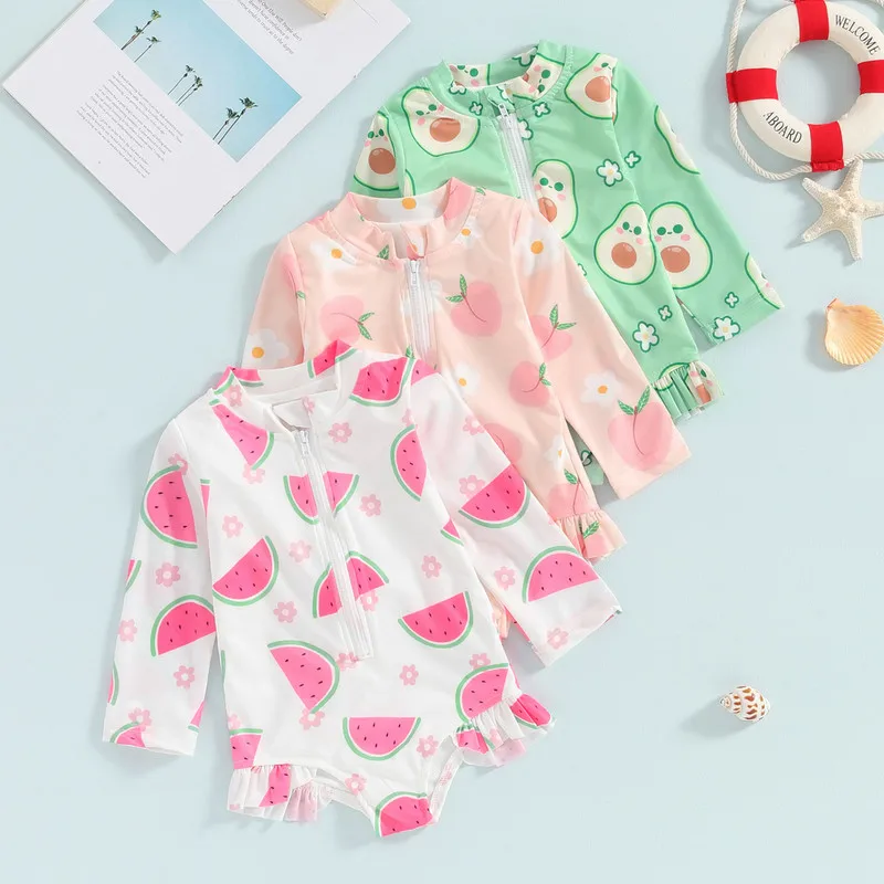 Baby Girl Swimwear Summer Fruit Print Ruffle Long Sleeves Monokini Swimsuits for Toddler Bathing Suits Beachwear