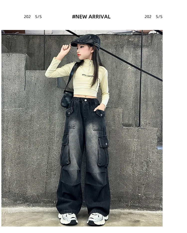 Mädchen Frühling Herbst Cargo Weite Bein Jeans 4-14 Jahre Kinder Elastische Hohe Taille Multi-Taschen Lose Freizeithose – Detail 12