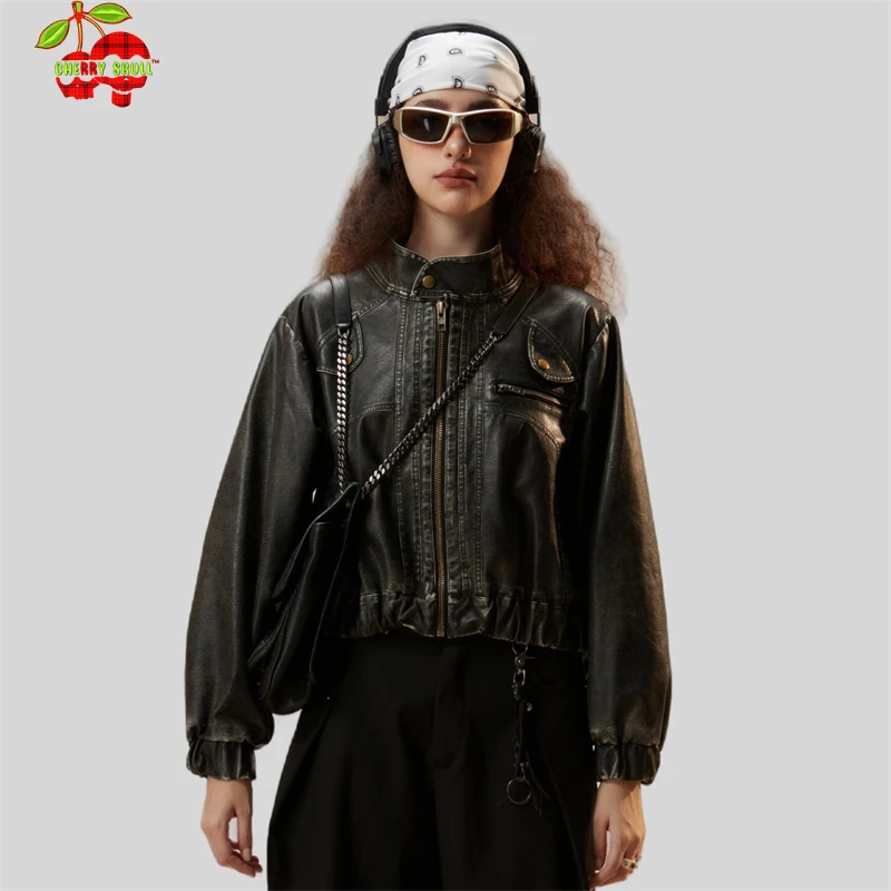 Women\'s Vintage Bomber Chic Cropped Soft PU Faux Leather Gothic Racing Jackets Female Biker Motorcycle Baseball Coats Streetwear