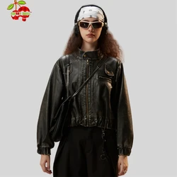 Women's Vintage Bomber Chic Cropped Soft PU Faux Leather Gothic Racing Jackets Female Biker Motorcycle Baseball Coats Streetwear