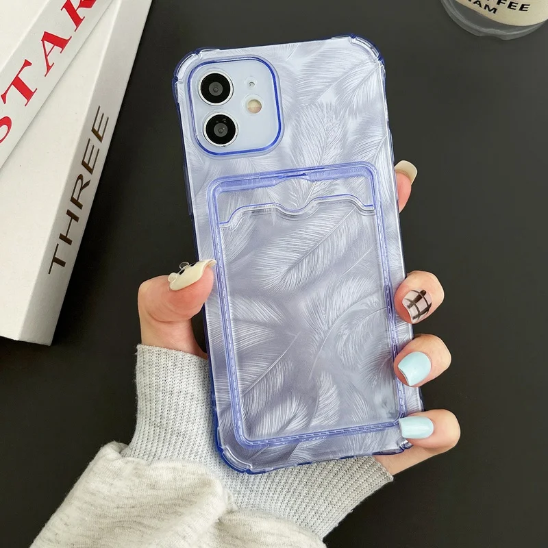 Transparent feather leaf paster card holder phone case for iPhone 15 14 13 12 11 Pro Max fine hole shockproof soft bumper cover