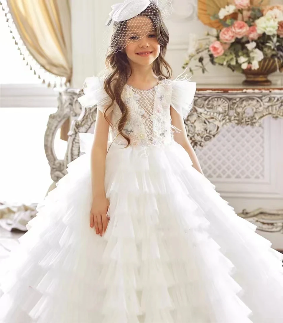 

Flower Girl Dresses Long Length Tulle Beads Wedding Party Gown Birthday Pageant First Communion Dress for Girls