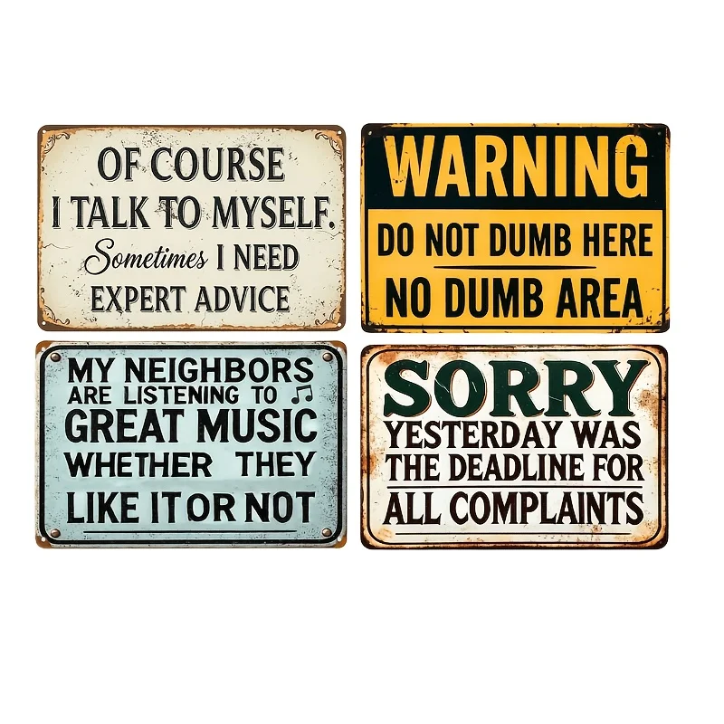 [2D Flat] 4pcs Retro Sarcastic Humor Metal Sign Set,Decorative Funny Attitude Plaque For Front Porch Garage Basement 8x12 Inches