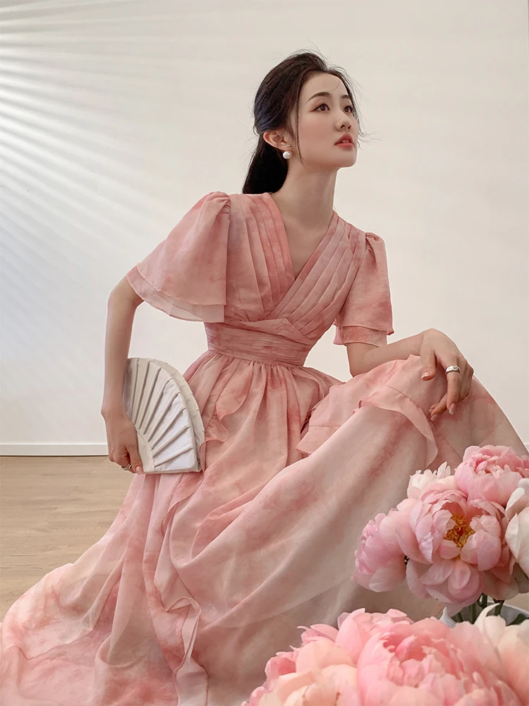 

Fairy T Sle Women's V-ne Ruffle Hem Dr Slimming Waist Summer New Arrival Korean Sle A-line Long Dr