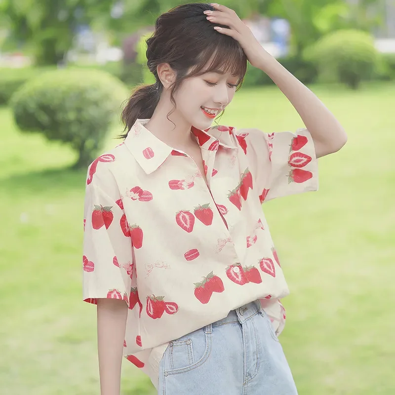 Summer Sweet Girl Pink Strawberry Full Print Blouse Graphic Button Up Shirt Kawaii Clothes Japan Korean Fashion Short Sleeve Top