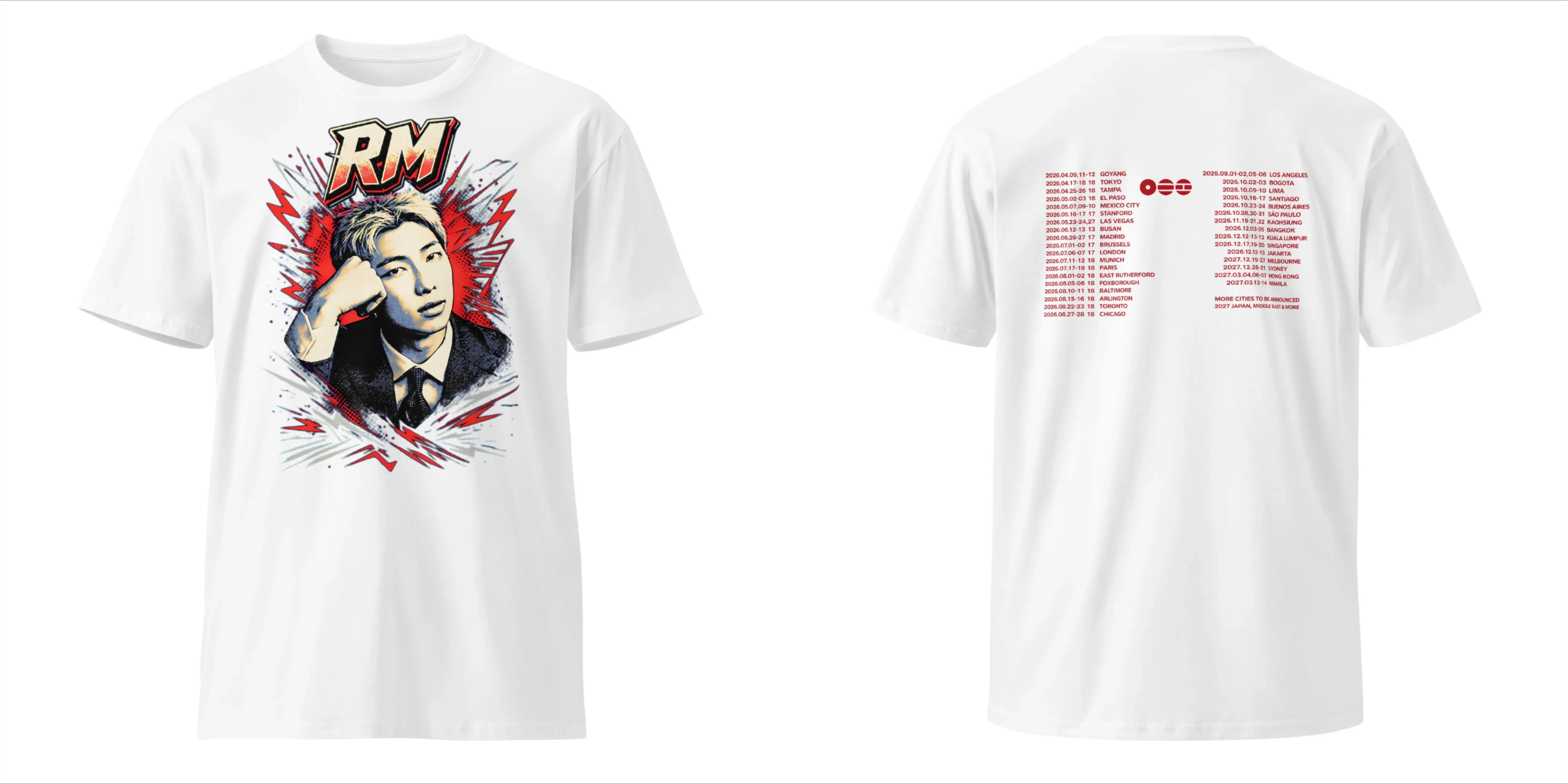 BTS RM Taehyung 2026 World Tour Doppelseitiges Grafik-T-Shirt mit Porträt und Tour-Städtenliste Kpop-Fans T-Shirt für Männer, Frauen und Kinder – Detail 10