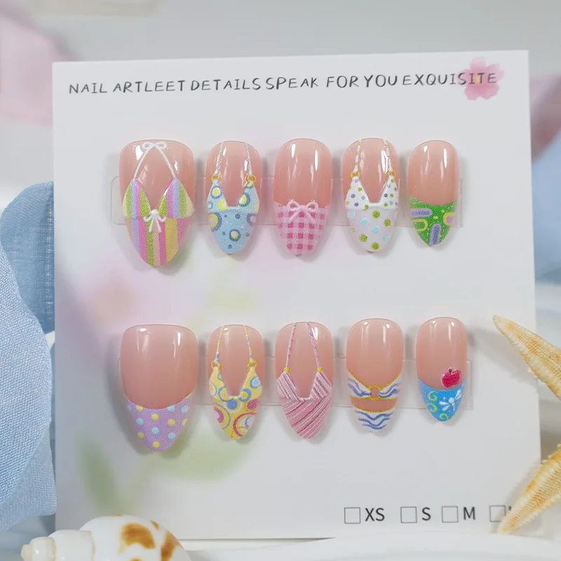 24pcs Bikini Swimsuit Press On Nails  Cute Plaid Polka Dot Cherry Bow Design Fake Nail Short Oval False Nail for Women&Girl