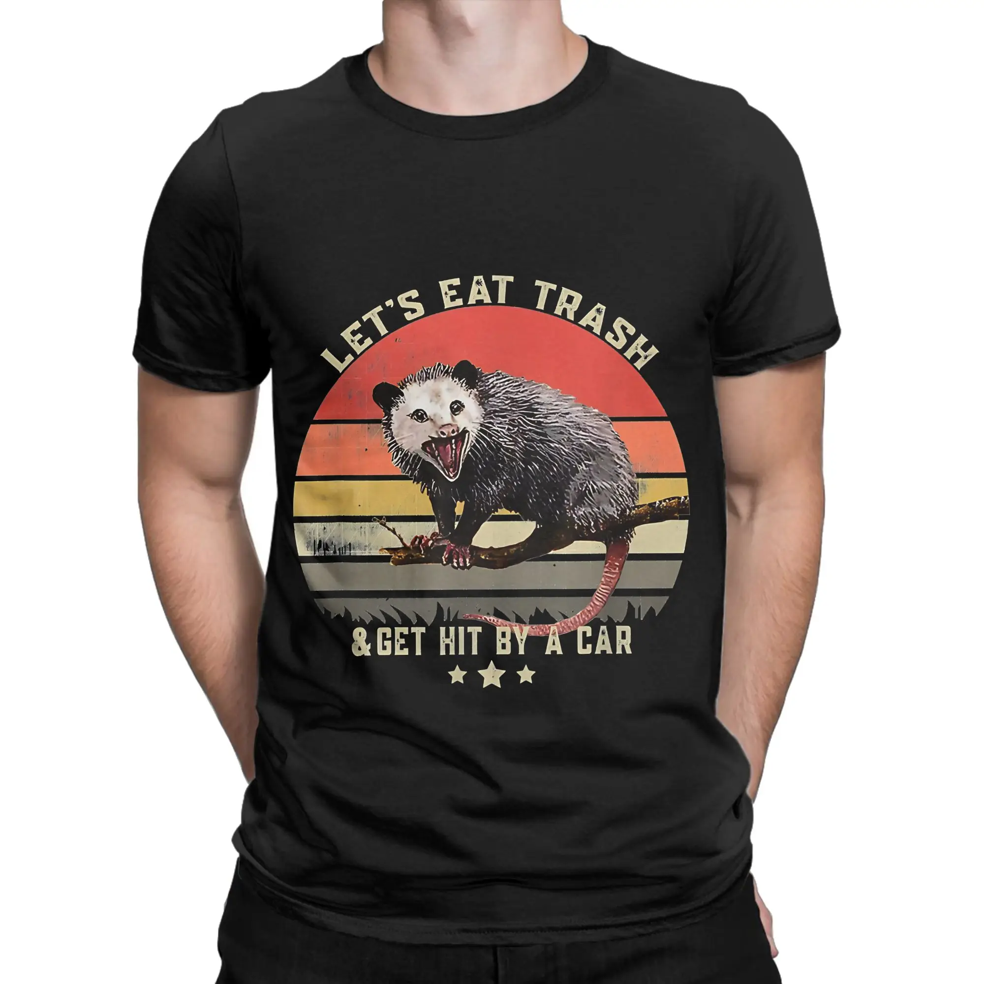 Lets Eat Trash Get Hit By A Car Vintage Opossum Essential Funny Graphic 100% Cotton T-Shirt Possum Tees Tops For Men