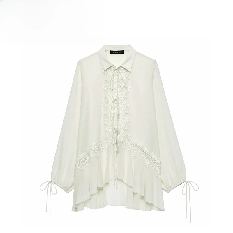 Fashionable Embroidered Lace Shirt for Women Personality Stand Collar Long Sleeve Breathable Polyester Straight Cut Style