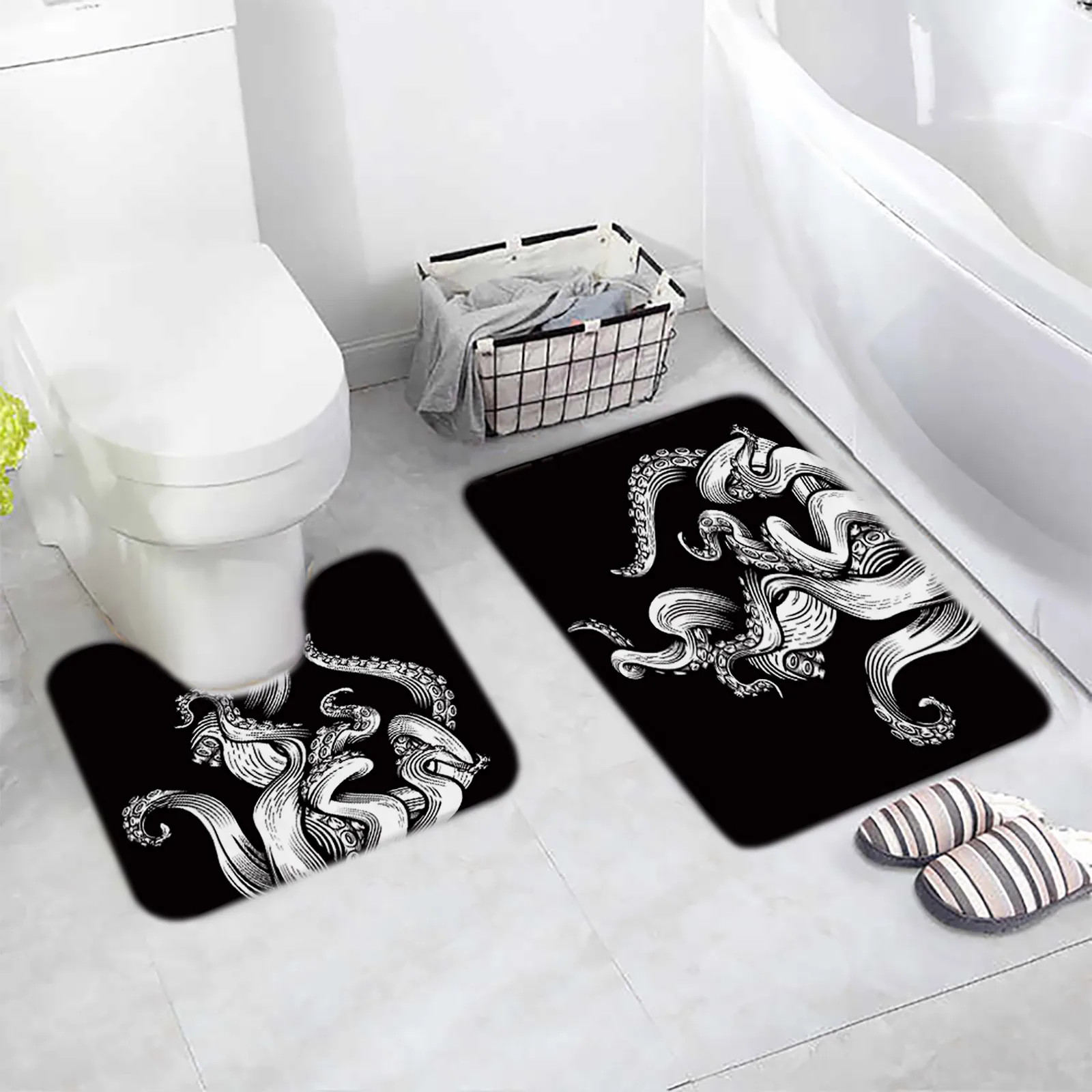 Black and White Octopus Bath Mat Set Funny Sea Marine Life Tentacles Home Floor Carpet Bathroom Decor Non-Slip Rug U-Shaped Pad