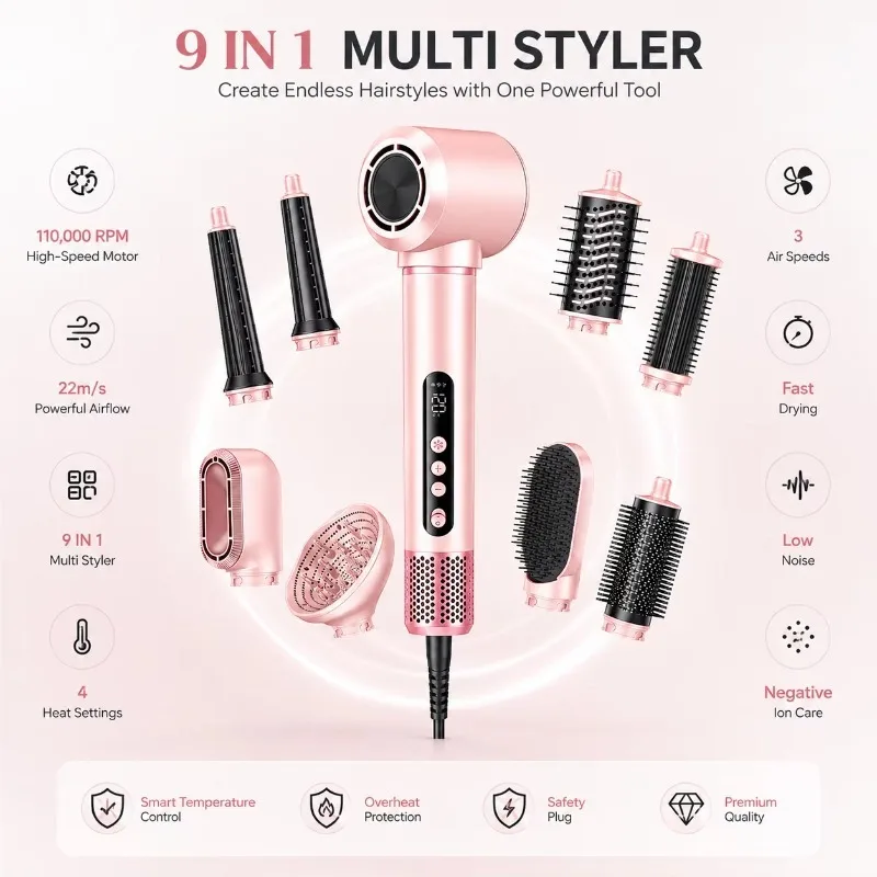 10 Piece Multifunctional Hair Styling Set Rotatable Cold Air Design Ionic Hair Dryer With Diffuser Auto Curler Attachment