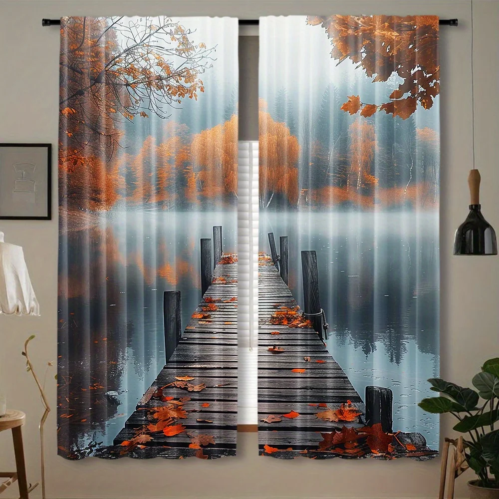 Autumn Lake Dock Curtain, 3D Fall Foliage Scenery Blackout Drapes, Nature Landscape Window Treatment for Living Room Bedroom