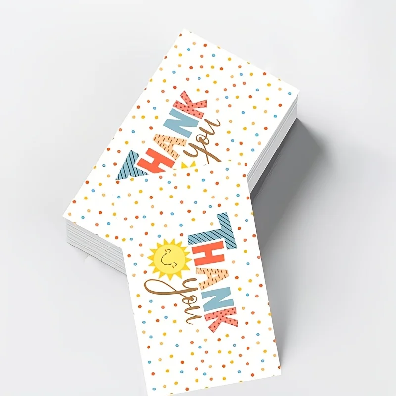 50pcs Cute Sun Wave Dot Design Thank You Card, featuring a childlike smiley face sun and colorful wave dot design
