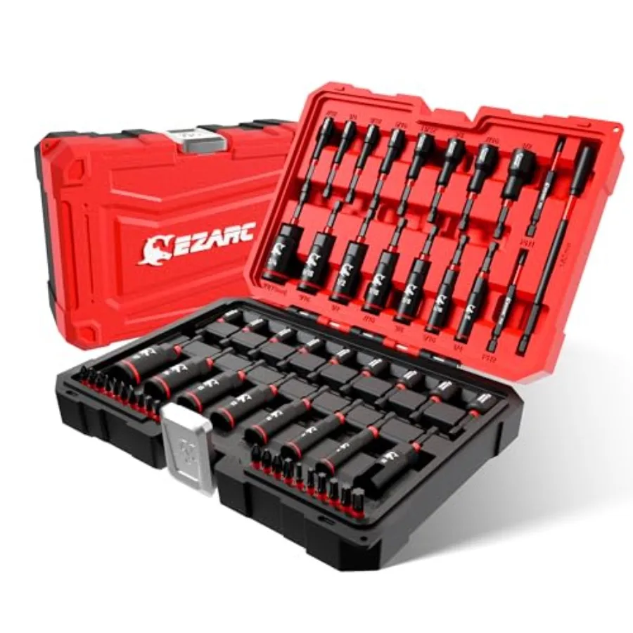 

55PCS Magnetic Impact Nut Driver Set 1/4" Hex Shank Socket Adapter with Deep and Shallow Sockets Wing Nut Setter S2 Bits and Ex