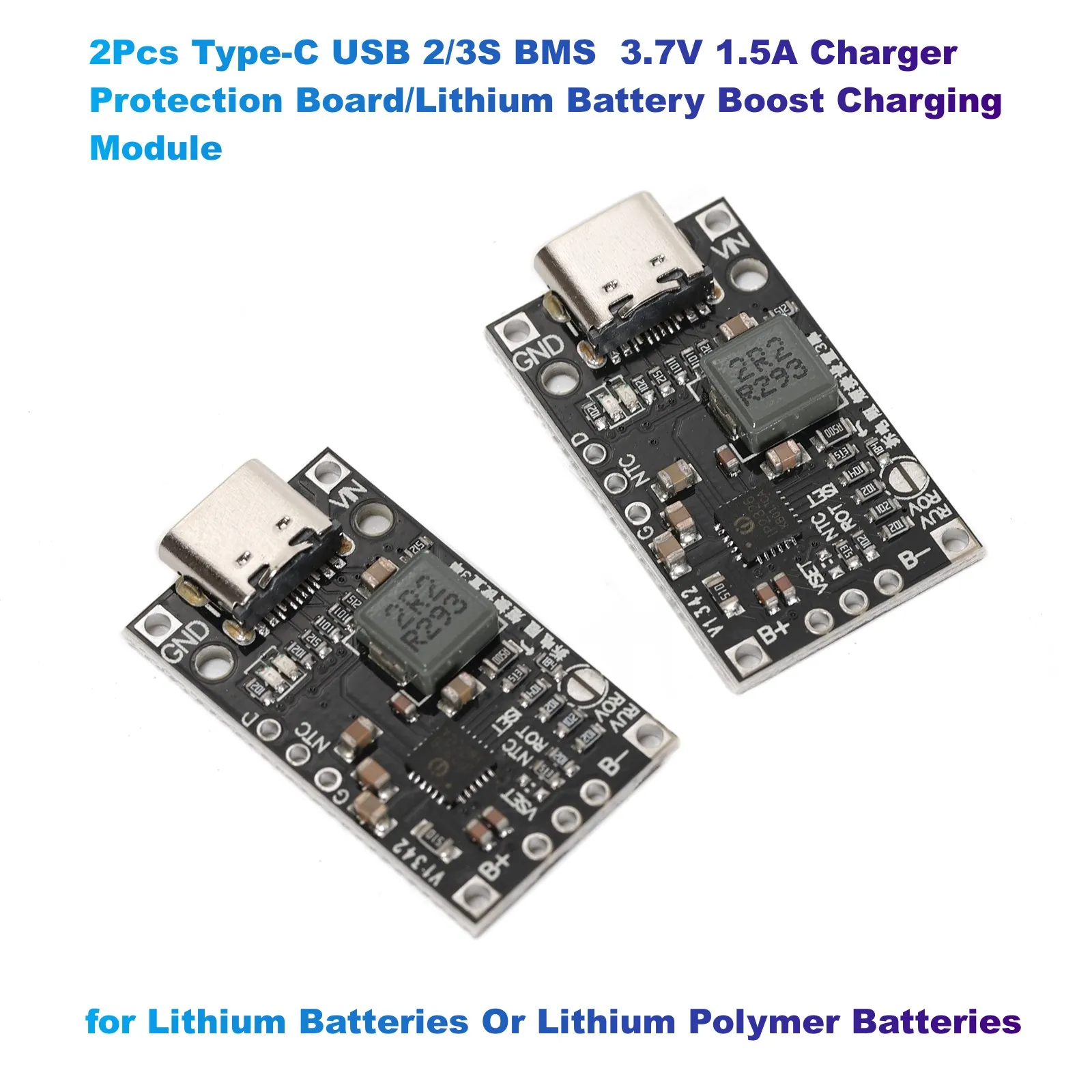 2Pcs Type-C USB 2/3S BMS  3.7V 1.5A Charger Protection Board/Lithium Battery Boost Charging Module for Lithium Polymer Batteries