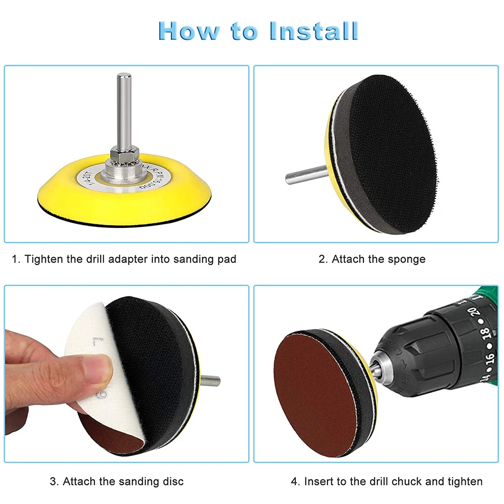 Dischi abrasivi da 3 pollici 200 pezzi Kit dischi abrasivi a strappo con gambo 1/4 piastra di supporto e tampone tampone in schiuma morbida