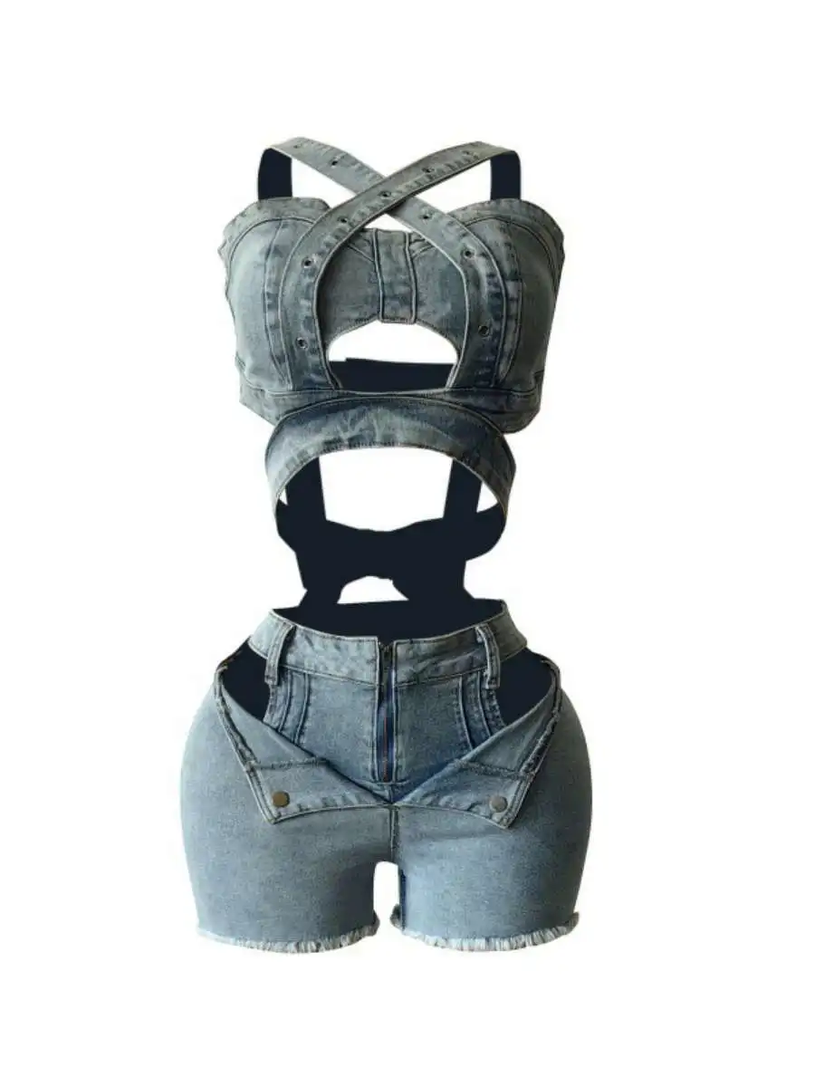 

New Denim Crop Top orts Set Strap Elastic Waisand Tube Top Cotton Summer Faion Outfit Women's Ensemble