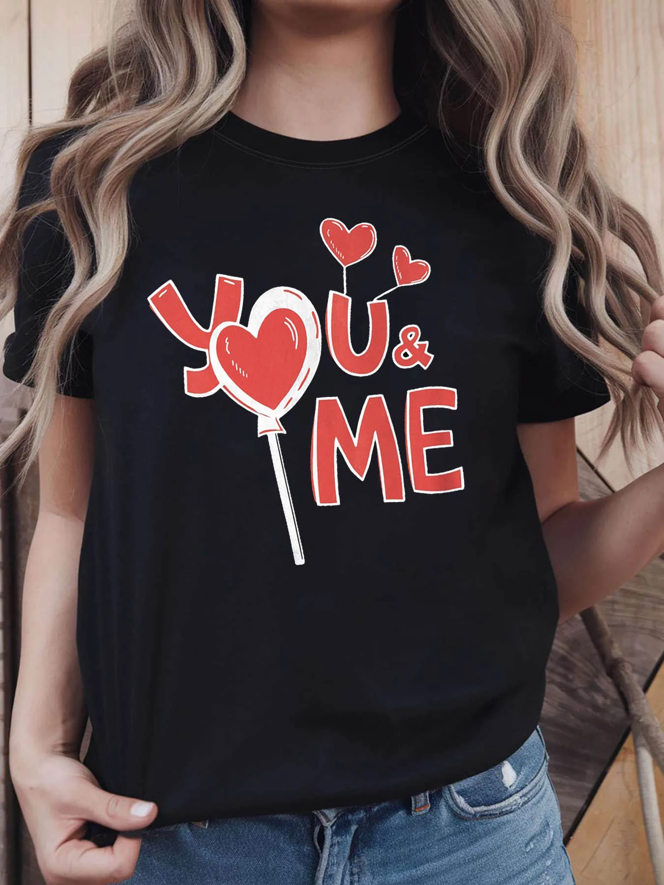 

Футболка с графическим принтом "You & Me" Heart Lollipop Love ко Дню святого Валентина, женская повседневная футболка с короткими рукавами и круглым вырезом, весна-лето