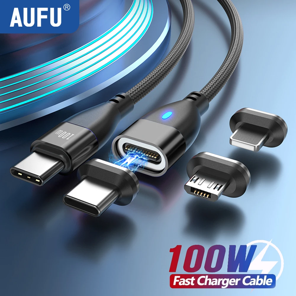 AUFU 5A Magnetic Type C Cable PD100W Fast Charging Wire Micro USB Magnet Charger USB C Cable for iPhone iPad Macbook PC Samsung