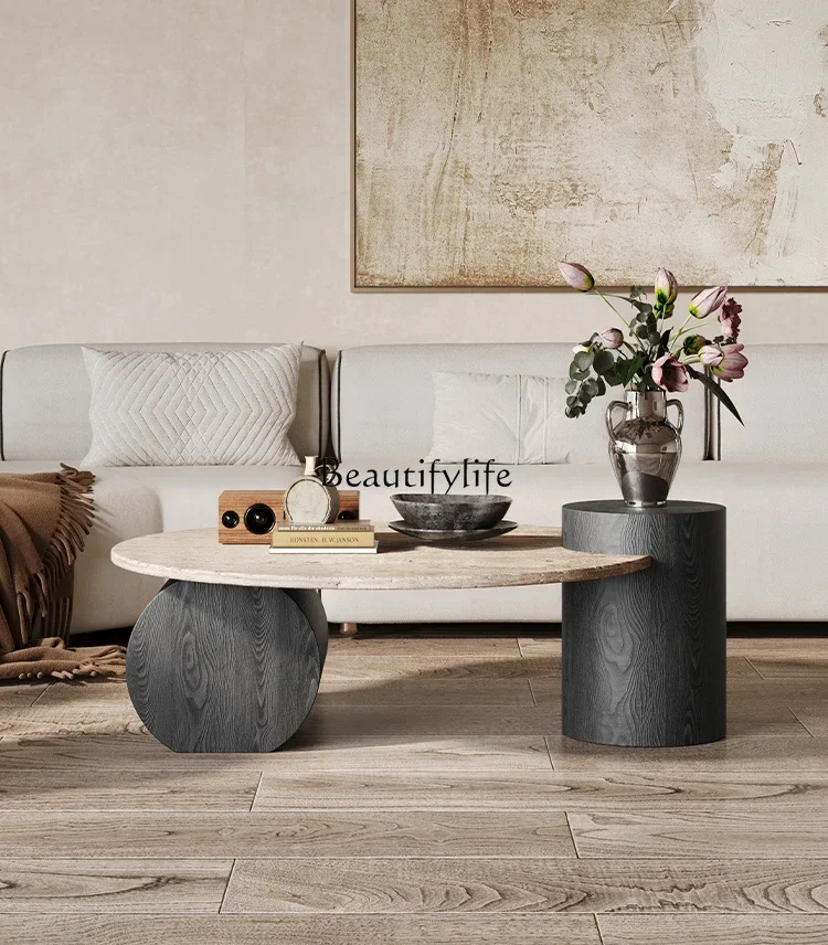 FG17Round Light Luxury Natural Travertine Coffee Table Household Simple Small Unit Small Round Table